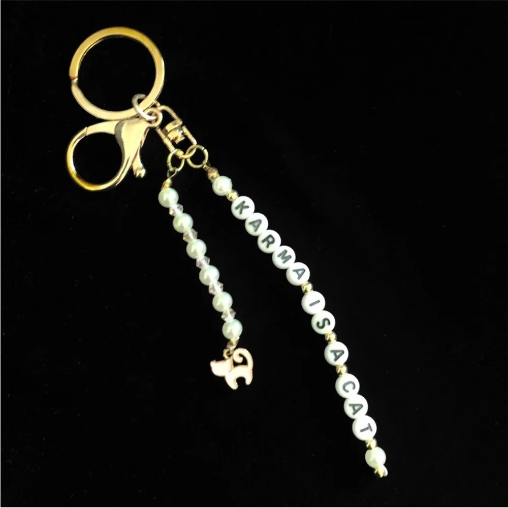 Karma Is A Cat Keychain Pearls and Pink Crystals on A Gold Tone Keyring Pink Cat